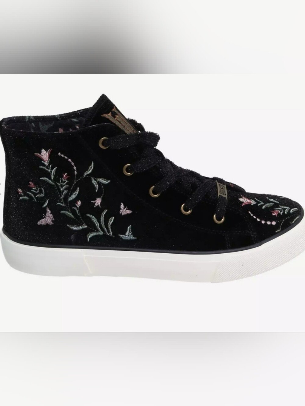 Wicked Womens Black Velvet High-Top Sneakers with Pink & Green Embroidery